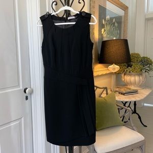 Calvin Klein Sheath Dress Womens Size 10 Black LBD Faux Wrap Front Pleats Lined